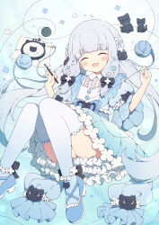 Rule 34 | 1girl, :d, animal, black bow, blue dress, blue thighhighs, blush, bow, cat, closed eyes, commission, dress, floating, flower, frilled dress, frilled sleeves, frills, grey hair, hair bow, hair flower, hair ornament, highres, long hair, napkin, needle, open mouth, original, puffy sleeves, sewing needle, sewing pin, shoes, sidelocks, skeb commission, smile, thighhighs, thighs, tyomimas, variant set, wide sleeves, yarn
