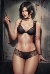1girl ada_wong bare_shoulders black_hair blush bra breasts brown_eyes choker female_focus gloves gun highres lingerie looking_at_viewer medium_breasts navel panties resident_evil resident_evil_2 resident_evil_2_(remake) revision sciamano240 short_hair simple_background solo standing underwear weapon
