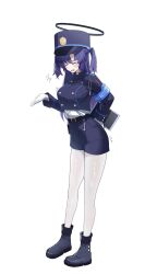 1girl armband black_halo blue_archive blue_armband closed_eyes cosplay full_body halo hat highres mechanical_halo nozomi_(blue_archive) nozomi_(blue_archive)_(cosplay) pantyhose peaked_cap purple_hair solo sukoyaka_konbu train_conductor white_pantyhose yuuka_(blue_archive)