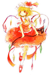 1girl ascot bad_id bad_pixiv_id blonde_hair blush crystal demon_wings dress female_focus flandre_scarlet full_body hat highres ichitaro leg_up mary_janes mob_cap red_dress red_shoes ribbon shoes short_hair simple_background socks solo standing standing_on_one_leg tiptoes touhou vampire white_background white_socks wings