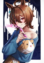 1girl absurdres agnes_tachyon_(umamusume) ahoge alternate_costume animal_ears blue_sweater blush border brown_hair chemical_structure collarbone commentary_request dark_background earrings grin highres holding holding_test_tube horse_ears horse_girl jewelry long_sleeves looking_at_viewer manjo_(warito) messy_hair outside_border red_eyes short_hair single_bare_shoulder single_earring smile solo stuffed_animal stuffed_toy sweater test_tube umamusume upper_body white_border