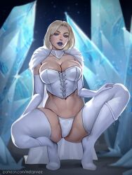 1girl artist_name blonde_hair blue_eyes blue_lips boots elbow_gloves emma_frost gloves highres looking_at_viewer marvel melqinnee panties patreon_username short_hair solo squatting thigh_boots underwear watermark web_address white_boots white_bustier white_gloves white_panties x-men