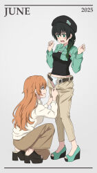2025 2girls :q absurdres alternate_hair_length alternate_hairstyle belt beret black_hat black_sandals black_shirt bow bow_panties braid breast_pocket breasts brown_pants collared_shirt collared_shrug commentary_request dress_shirt full_body green_shoes green_shrug grey_background hair_over_shoulder hat high_heel_sandals high_heels highres june konoe_kanata laofuzi_dai_bansho large_breasts long_hair long_sleeves looking_at_another love_live! love_live!_nijigasaki_high_school_idol_club medium_breasts multiple_girls open-toe_shoes open_belt open_fly open_mouth panties pants peanut_mouth pocket purple_eyes sandals shirt shoes shrug_(clothing) simple_background single_braid squatting strapless strapless_shirt takasaki_yu tongue tongue_out underwear unzipping white_panties white_shirt yuri