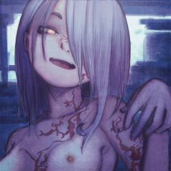 1girl absurdres body_markings breasts hair_over_one_eye highres lacker_strike_(akkira_setsu) looking_at_viewer medium_hair nipples nude open_mouth original small_breasts smile solo white_hair yellow_eyes