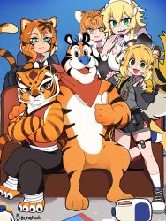 1boy 5girls absurdres animal_ears animal_nose artist_name black_necktie black_shirt black_shorts blonde_hair blue_background blue_eyes bongfill bottle breasts closed_mouth couch crossed_arms crossed_legs crossover fingerless_gloves frederica_baumann furry furry_female furry_male gloves green_eyes highres ju_fufu jug_(bottle) kellogg&#039;s kemono_friends kung_fu_panda large_breasts long_hair looking_at_viewer maid milk_bottle multiple_girls necktie on_couch open_mouth orange_fur orange_hair orc_massage re:zero_kara_hajimeru_isekai_seikatsu sharp_teeth shirt shorts siberian_tiger_(kemono_friends) sitting striped_fur striped_hair striped_tail tail teeth thumbs_up tiger tiger_boy tiger_ears tiger_girl tiger_tail tigress_(kung_fu_panda) tony_the_tiger trait_connection valerie_(orc_massage) zenless_zone_zero