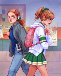 2girls artist_name backpack bag blue_eyes blue_eyeshadow blue_pants brown_hair cassette_player chrissy_cunningham denim eyeshadow green_skirt grey_shirt headphones highres hood hoodie indoors jeans looking_at_another luztapiaart makeup max_mayfield multiple_girls open_clothes open_shirt orange_hair pants pink_bag pleated_skirt ponytail shirt skirt stranger_things watermark white_hoodie