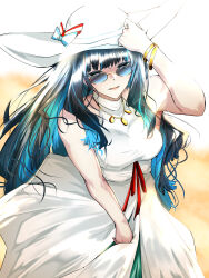 black_hair blue-tinted_eyewear blue_hair bow bracelet colored_inner_hair dress eyeliner fate/grand_order fate_(series) gold_bracelet gold_necklace grey_eyes halter_dress halterneck hat hat_bow highres holding holding_unworn_clothes holding_unworn_hat jewelry looking_at_viewer looking_over_eyewear makeup multicolored_hair necklace open_mouth red_ribbon ribbon smile sun_hat sundress sunglasses sunlight tenochtitlan_(fate) tenochtitlan_(swimsuit_mooncancer)_(fate) tenochtitlan_(swimsuit_mooncancer)_(second_ascension)_(fate) tgxx3300 tinted_eyewear two-tone_dress two-tone_hair unworn_hat unworn_headwear wavy_hair white_dress white_hat