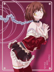 10s 1girl against_wall black_skirt blush bra breasts brown_hair chain cleavage clothes_pull collar copyright_name cowboy_shot dance_with_devils female_focus frilled_bra frilled_skirt frills from_side hair_ornament hairclip kikuchi_tsutomu leaning_forward long_sleeves looking_at_viewer miniskirt off_shoulder open_mouth red_shirt red_thighhighs shirt shirt_pull short_hair skirt solo standing strap_slip tachibana_ritsuka thighhighs torn_clothes torn_skirt underwear white_bra yellow_eyes