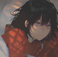 Rule 34 | 1girl, 23i2ko, :|, black hair, blue eyes, blunt bangs, closed mouth, facing viewer, hair between eyes, highres, hood, hood down, hoodie, lying, messy hair, morning, on side, original, red hoodie, short hair, solo, under covers, upper body, window light