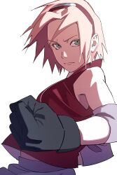1girl absurdres black_gloves clenched_hand closed_mouth gloves green_eyes haruno_sakura highres looking_at_viewer midriff_peek naruto_(series) naruto_shippuuden pink_hair pnpk_1013 red_shirt shirt short_hair sleeveless sleeveless_shirt solo upper_body white_background