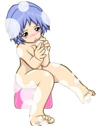 1girl ayanami_rei blue_hair blush breasts bubble collarbone completely_nude dot_nose female_focus flat_chest hands_up loli neon_genesis_evangelion nipples nude red_eyes short_hair sitting sitting_on_object soap_bubbles solo tongue tongue_out