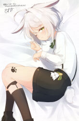1boy ;&lt; absurdres animal_ears bed_sheet black_boots black_shorts blush boots bow brown_socks closed_mouth collared_shirt commentary_request commission coreytaiyo dated dress_shirt feet_out_of_frame from_side green_bow grey_hair highres long_sleeves looking_at_viewer looking_to_the_side lying male_focus on_bed on_side original rabbit_boy rabbit_ears rabbit_tail shirt shorts signature skeb_commission socks solo suspender_shorts suspenders tail translation_request white_shirt yellow_eyes