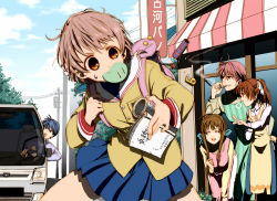 Rule 34 | 00s, 2boys, 3girls, aged up, apron, bag, brown eyes, brown hair, clannad, dango daikazoku, family, furukawa akio, furukawa nagisa, furukawa sanae, harumachi (hi-sugar), highres, kei truck, motor vehicle, mouth hold, multiple boys, multiple girls, okazaki tomoya, okazaki ushio, pickup truck, school uniform, short hair, truck