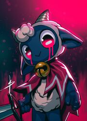 1other absurdres bell black_fur blaedic bleeding blood bloody_tears cape cult_of_the_lamb highres holding holding_sword holding_weapon horizontal_pupils horns horror_(theme) jingle_bell looking_at_viewer neck_bell pink_eyes red_cape sheep sheep_horns signature solo standing sword the_lamb_(cult_of_the_lamb) weapon wool