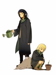 2girls absurdres bang_dream! bang_dream!_it&#039;s_mygo!!!!! black_coat black_hair blue_eyes brown_shoes chinese_commentary closed_mouth coat collared_shirt commentary_request cracy_logan flower_pot full_body green_hair grey_socks highres holding holding_watering_can kneehighs long_hair long_sleeves multiple_girls shirt shoes shovel sidelocks simple_background socks squatting wakaba_mutsumi watering_can white_background white_shirt yahata_umiri yellow_eyes