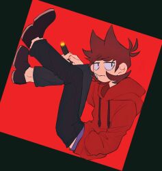 1boy antenna_hair black_border black_eyes black_pants black_shoes border bored brown_hair chinese_commentary cigarette closed_mouth commentary_request drawstring eddsworld frown full_body hair_behind_ear hair_horns hand_in_pocket highres holding holding_cigarette hood hood_down hoodie jitome knees_together_feet_apart knees_up long_sleeves looking_at_viewer male_focus midriff_peek no_nose pants puffy_long_sleeves puffy_sleeves purple_shirt red_background red_hoodie sakamoto_tatsuko shirt shoes short_hair simple_background sitting solo stuck_in_a_box tord_(eddsworld) upturned_eyes