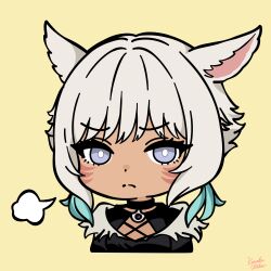 1girl absurdres animal_ears bright_pupils cat_ears cat_girl chibi chibi_only cropped_torso dark-skinned_female dark_skin facial_mark final_fantasy final_fantasy_xiv frown grey_eyes highres kosaka_utaha looking_at_viewer miqo&#039;te puff_of_air short_hair sigh simple_background solo white_hair white_pupils y&#039;shtola_rhul yellow_background