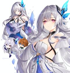 bare_shoulders blue_eyes blue_thighhighs breasts butterfly_hair_ornament chibi dress elbow_gloves genshin_impact gloves gradient_gloves gradient_legwear gradient_sleeves gradient_thighhighs grey_hair guitar hair_between_eyes hair_ornament halter_dress halterneck hashtag-only_commentary highres holding holding_guitar holding_instrument instrument jasummin large_breasts long_hair looking_at_viewer music orange_hair playing_guitar playing_instrument purple_gloves purple_sleeves purple_thighhighs red_eyes sideboob simple_background skirk_(genshin_impact) tartaglia_(genshin_impact) thighhighs very_long_hair white_background