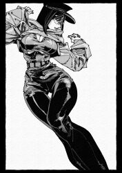 1girl :p belt black_border border breasts cleavage cropped_hoodie greyscale hachinuki_tetsuyo hat highres hood hood_down hoodie jimiko jitome large_breasts long_legs mob_face moire monochrome original pants round_eyewear she_(hachinuki_tetsuyo) sideways_glance simple_background solo thigh_gap thighs tongue tongue_out white_background wide_hips
