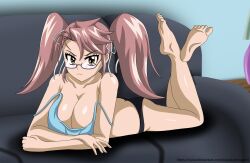1girl arm_support artist_name ass barefoot black_panties breasts butt_crack cleavage coach feet glasses highschool_of_the_dead large_breasts legs long_hair looking_at_viewer lying on_stomach panties pink_hair takagi_saya tank_top the_pose thighs twintails underwear yellow_eyes