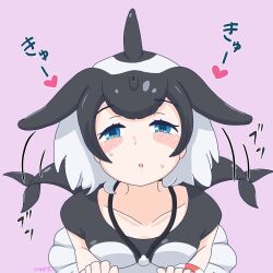 afterimage black_one-piece_swimsuit blowhole blue_eyes blush bracelet cetacean_tail collarbone commerson&#039;s_dolphin_(kemono_friends) dolphin_girl dorsal_fin fins fish_tail frilled_one-piece_swimsuit frills from_above hair_between_eyes heart highres jewelry kemono_friends looking_at_viewer one-piece_swimsuit ririnasoon short_hair sidelocks sweatdrop swimsuit tail tail_wagging translation_request two-tone_one-piece_swimsuit white_one-piece_swimsuit