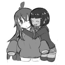 2girls antenna_hair blush_stickers bob_cut breasts closed_eyes cropped_legs dark-skinned_female dark_skin hair_ornament hairclip hood hood_down hoodie large_breasts long_hair long_sleeves looking_to_the_side mad_mex multiple_girls one_eye_closed open_mouth original short_hair shorts sketch sleeves_past_fingers sleeves_past_wrists smile teeth thighhighs upper_teeth_only very_long_hair