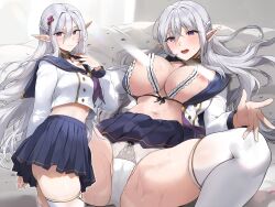 1girl :d arm_behind_back black_skirt breasts closed_mouth elf gijang hair_between_eyes hair_ornament hand_up large_breasts light_censor long_sleeves lying navel on_back open_mouth original panties pleated_skirt pointy_ears purple_eyes skirt smile spread_legs stomach thighhighs thighs underwear white_hair white_panties white_thighhighs
