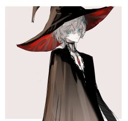 1boy aqua_eyes black_hat earrings grey_hair hair_between_eyes hat hermaphroditus highres jewelry looking_at_viewer original qyzhiaiyisheng short_hair simple_background smile solo upper_body witch witch_hat