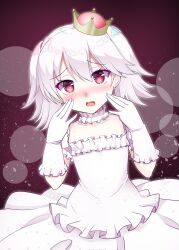 1girl blush brown_background collar collarbone cosplay crown dress dutch_angle elbow_gloves frilled_collar frilled_dress frilled_gloves frills gloves hair_between_eyes hand_up highres kantai_collection kirigakure_(kirigakure_tantei_jimusho) looking_at_viewer luigi&#039;s_mansion mario_(series) mini_crown new_super_mario_bros._u_deluxe nintendo nose_blush princess_king_boo princess_king_boo_(cosplay) puffy_short_sleeves puffy_sleeves red_eyes ryuujou_(kancolle) short_sleeves solo super_crown tilted_headwear white_dress white_gloves white_hair