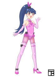 1girl :d absurdres animal_ears black_bow blue_hair blush bow elbow_gloves fake_animal_ears fishnet_pantyhose fishnets full_body gloves hair_bow high_ponytail highres leotard long_hair looking_at_viewer necktie ooruri_ayami open_mouth pantyhose pink_gloves pink_leotard pink_necktie pink_shoes pink_thighhighs playboy_bunny ponytail pretty_rhythm pretty_rhythm_dear_my_future pretty_series rabbit_ears red_eyes shimokou0207 shoes simple_background smile solo standing thighhighs waving white_background