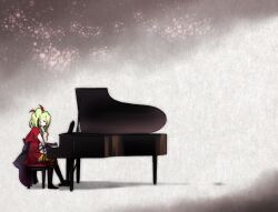 1girl akaimato deathpolca demons_roots dress fingerless_gloves from_side full_body gloves grand_piano green_hair grey_background hair_ribbon highres instrument long_hair music non-web_source piano piano_bench playing_instrument playing_piano profile red_dress ribbon side_ponytail sitting solo striped_clothes striped_thighhighs thighhighs