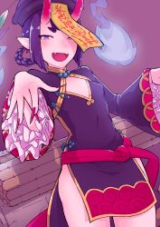 1girl :d black_dress blue_fire blush braid braided_hair_rings breasts cleavage_cutout clothing_cutout commentary_request cowboy_shot dress fangs fate/grand_order fate_(series) fingernails fire hair_rings hat highres hitodama horns jiangshi kokuya_(kokuya28) looking_at_viewer ofuda open_mouth pointy_ears purple_eyes purple_hair purple_hat red_nails sharp_fingernails short_hair shuten_douji_(fate) shuten_douji_(festival_outfit)_(fate) skin-covered_horns small_breasts smile solo