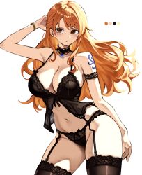 1girl absurdres arm_tattoo arm_up babydoll black_babydoll black_choker black_garter_belt black_panties black_thighhighs bracelet breasts brown_eyes choker cleavage color_guide cowboy_shot dress garter_belt highres jewelry kasumi_6 large_breasts lingerie long_hair nami_(one_piece) navel one_piece orange_hair panties simple_background solo tattoo thighhighs underwear white_background