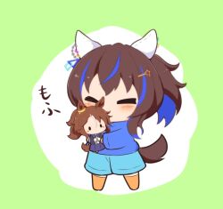 1girl animal_ears blue_hair blue_shirt blue_shorts blush brown_hair character_doll chibi chibi_only closed_eyes commentary_request daitaku_helios_(umamusume) doll ear_covers full_body gomashio_(goma_feet) green_background hair_ornament hairclip holding holding_doll horse_ears horse_girl horse_tail long_sleeves mejiro_palmer_(umamusume) multicolored_hair no_mouth no_shoes orange_socks shirt short_hair shorts socks solo standing streaked_hair tail translation_request two-tone_background umamusume white_background |_|