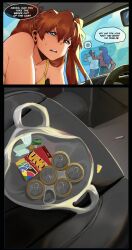 Rule 34 | 1boy, 2girls, absurdres, beer can, blue eyes, blue hair, brown hair, can, car, card, clauschristmas, drink can, english text, highres, ikari shinji, jacket, katsuragi misato, long hair, motor vehicle, multiple girls, neon genesis evangelion, souryuu asuka langley, uno (game)