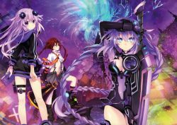 &gt;:( 10s 3girls abstract_background absurdres adult_neptune ankle_boots arm_up bandeau black_footwear black_gloves black_jacket black_skirt black_socks blush book boots braid breasts building cleavage cleavage_cutout closed_mouth clothing_cutout collarbone covered_navel cowboy_shot d-pad diary elbow_gloves female_focus fingerless_gloves flat_chest frown gloves glowing hair_between_eyes hair_ornament hairclip hairpin highres holding holding_book holding_sword holding_weapon holster hood hood_down hooded_track_jacket hoodie huge_filesize jacket kneehighs large_breasts leg_warmers leotard long_hair long_sleeves looking_at_viewer looking_back looking_up megaphone midriff multiple_girls navel necktie neptune_(neptunia) neptune_(series) no_pants official_art open_clothes open_shirt open_skirt orange_necktie pink_hair pleated_skirt pocket purple_eyes purple_heart_(neptunia) red_eyes red_hair serious shin_jigen_game_neptune_vii shirt short_sleeves skin_tight skirt socks sparkle standing stomach suspender_skirt suspenders sword tareme tennouboshi_uzume thigh_gap thigh_holster thigh_strap tower track_jacket tsunako tsurime twin_braids twintails usb v-shaped_eyebrows very_long_hair vortex weapon