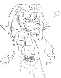 Rule 34 | 1girl, absurdres, bat wings, ebola-chan, female focus, flower, highres, monochrome, nurse, one eye closed, simple background, skull, solo, tagme, wings, wink