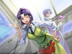 1boy 1girl artist_request bad_food black_necktie breasts cecile_croomy clenched_hand code_geass code_geass:_genesic_re;code collared_shirt dress frown grey_hair hair_ornament hand_on_own_hip holding holding_plate jacket leaning_forward lloyd_asplund looking_back medium_breasts necktie official_art one_eye_closed parted_lips plate pointing purple_eyes purple_hair shirt smile star_(symbol) star_hair_ornament white_jacket white_shirt window yellow_dress