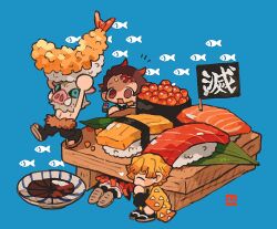 Rule 34 | 3boys, agatsuma zenitsu, artist logo, black pants, black socks, blonde hair, blue background, blush stickers, boar mask, brown eyes, brown hair, brown sandals, caviar, chibi, chibi only, closed eyes, food, hashibira inosuke, holding, holding food, kimetsu no yaiba, logo, male focus, multiple boys, open mouth, pants, plate, sandals, scar, scar on face, scar on forehead, short hair, shrimp, simple background, socks, sushi, zettai 22