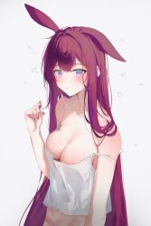 Rule 34 | 1girl, absurdres, animal ears, arknights, bare shoulders, blush, breasts, brown hair, camisole, cleavage, closed mouth, collarbone, commentary, crop top, crossed bangs, fingernails, grey background, hand in own hair, hand up, highres, long hair, medium breasts, multicolored hair, nail polish, navel, off shoulder, pink eyes, purple hair, purple nails, ray (arknights), simple background, single ear down, solo, spaghetti strap, squeans, strap slip, streaked hair, symbol-only commentary, twirling hair, upper body, very long hair, white camisole, zapik