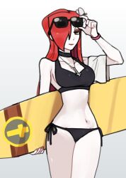 Rule 34 | 1girl, adjusting eyewear, alternate costume, ayaanalien02, bikini, choker, collarbone, cross, cross necklace, grey background, highres, holding, holding surfboard, jewelry, long hair, navel, necklace, parasoul (skullgirls), red hair, side-tie bikini bottom, skullgirls, smile, solo, sunglasses, sunglasses on head, surfboard, swimsuit, towel, yellow eyes