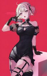 1girl ahoge bare_shoulders black_dress black_gloves black_ribbon black_shoes black_sleeves blush breasts collarbone commentary covered_navel detached_sleeves dress fangs gloves grey_hair gurumyuu hair_ornament hair_ribbon hairclip hashtag-only_commentary highres holding large_breasts looking_at_viewer medium_hair mole mole_under_eye multiple_moles nijisanji o-ring open_mouth pink_background pink_eyes ribbon see-through_clothes see-through_sleeves shoes short_sleeves simple_background solo sukoya_kana thighs tongue twintails twitter_username virtual_youtuber