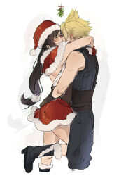 Rule 34 | 1boy, 1girl, arms around neck, backless outfit, baggy pants, bare shoulders, black footwear, black gloves, black hair, blonde hair, blue sweater, blush, boots, brown hair, capelet, christmas, closed eyes, cloud strife, commentary, couple, dress, ear blush, english commentary, feet out of frame, final fantasy, final fantasy vii, final fantasy vii ever crisis, foot up, fur-trimmed capelet, fur-trimmed footwear, fur-trimmed gloves, fur-trimmed headwear, fur-trimmed skirt, fur trim, gloves, hair ornament, hat, hetero, high heel boots, high heels, highres, hug, implied kiss, kiss, long hair, low-tied long hair, mistletoe, official alternate costume, pants, pom pom (clothes), pom pom hair ornament, pudelmudel, red capelet, red footwear, red gloves, red skirt, ribbed sweater, santa costume, santa dress, santa hat, skirt, sleeveless, sleeveless turtleneck, spiked hair, standing, standing on one leg, suspenders, sweater, tifa lockhart, tifa lockhart (fairy of the holy flame), turtleneck, turtleneck sweater, very long hair, white sweater