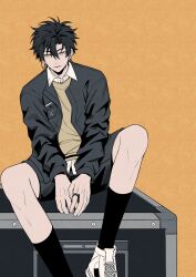 1boy absurdres black_hair black_jacket black_shorts black_socks cheng_xiaoshi collared_shirt dsarl995595 ear_piercing earrings hair_between_eyes highres jacket jewelry long_sleeves looking_at_viewer male_focus official_alternate_costume open_clothes open_jacket orange_background own_hands_together parted_lips piercing ring shiguang_dailiren shirt shoes short_hair shorts simple_background sitting sneakers socks solo sweater white_shirt white_shoes yellow_eyes yellow_sweater