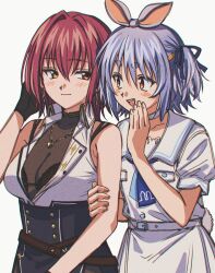 2girls animal_ears arm_behind_head blue_hair blue_ribbon blush blush_stickers bodystocking bra breasts carrot_hair_ornament choker cleavage collarbone collared_shirt commentary_request dress earrings food-themed_hair_ornament hair_ornament hair_ribbon hand_up heart heart_necklace heterochromia high-waist_skirt highres hikimayu holding_another&#039;s_arm hololive homura_(hmr0222) houshou_marine houshou_marine_(businesswoman) jewelry looking_at_another multicolored_hair multiple_girls necklace official_alternate_costume orange_eyes partially_unbuttoned rabbit_ears rabbit_girl rabbit_tail red_eyes red_hair ribbon sailor_collar sailor_dress shirt short_hair short_sleeves simple_background skirt sleeveless tail teeth thick_eyebrows two-tone_hair underwear upper_teeth_only usada_pekora usada_pekora_(casual) virtual_youtuber whispering white_background white_choker white_dress white_hair white_sailor_collar white_shirt