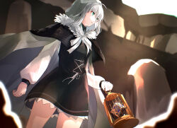 Rule 34 | 1girl, add (fate), ahoge, birdcage, black capelet, black dress, cage, cape, capelet, commentary request, cube, dress, fate/grand order, fate (series), fur-trimmed capelet, fur trim, gray (fate), green eyes, grey cape, grey hair, hair between eyes, highres, holding, holding cage, hood, hood up, hooded cape, hoshi rasuku, long sleeves, lord el-melloi ii case files, neck ribbon, ribbon, short hair, white ribbon