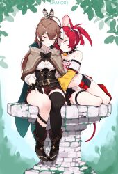 2girls absurdres ahoge animal_ears archery_shooting_glove belt belt_pouch black_boots black_bow black_bowtie black_collar black_gloves black_hair black_socks black_thighhighs boots bow bowtie breasts brown_cape brown_corset brown_hair cape cleavage_cutout closed_eyes closed_mouth clothing_cutout collar corset crop_top crossed_bangs dagger double-parted_bangs full_body gloves hair_between_eyes hakos_baelz hakos_baelz_(1st_costume) heads_together high_collar highres hololive hololive_english hood hooded_cape kneehighs knife lantern leaning_on_person medium_breasts miniskirt mouse_ears mouse_girl mouse_tail multicolored_hair multicolored_skirt multiple_girls namiorii nanashi_mumei nanashi_mumei_(1st_costume) navel off-shoulder_shirt off_shoulder partially_fingerless_gloves pleated_skirt pouch red_hair red_skirt sheath sheathed shirt single_kneehigh single_sock single_thighhigh sitting skirt smile socks spiked_collar spikes strapless strapless_shirt streaked_hair tail thigh_strap thighhighs three-quarter_sleeves twintails two-sided_cape two-sided_fabric underbust virtual_youtuber weapon white_hair white_shirt yellow_sleeves yokozuwari yuri