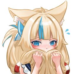 1girl absurdres animal_ears blonde_hair blue_eyes blue_hair blush cat_ears commentary dress highres holding holding_own_hair indie_virtual_youtuber kooi_koyume long_hair looking_at_viewer low_twintails multicolored_hair one_side_up sameko_saba sleeveless sleeveless_dress solo streaked_hair twintails very_long_hair virtual_youtuber white_dress