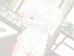 1girl animated animated_gif armpits blouse bow bow_panties bra breasts brown_eyes brown_hair cleavage collarbone datsuijan dress_shirt dutch_angle elf_all-stars_datsuijan_3 female_focus gesture hair_ribbon hip_focus indoors kanose_tomoe lingerie long_hair looking_at_viewer lowres navel open_mouth outstretched_arm panties plant pointing ponytail qvga ribbon shin_mikagura_shoujo_tanteidan shirt solo standing table underwear underwear_only undressing white_bra white_panties wink
