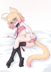 1girl aftersex ahoge animal_collar animal_ear_fluff animal_ears anus ass bandaid bandaid_on_leg bare_shoulders black_collar black_thighhighs blonde_hair blue_eyes blush cat_cutout cat_ears cat_girl clothing_aside clothing_cutout collar crop_top cum cum_in_ass cumdrip frills glasses gradient_hair indie_virtual_youtuber leash looking_at_viewer lying minikomew multicolored_hair on_side open_mouth panties panties_aside pink_hair pink_panties pussy ritspi soles solo sweat thighhighs uncensored underwear virtual_youtuber white_background